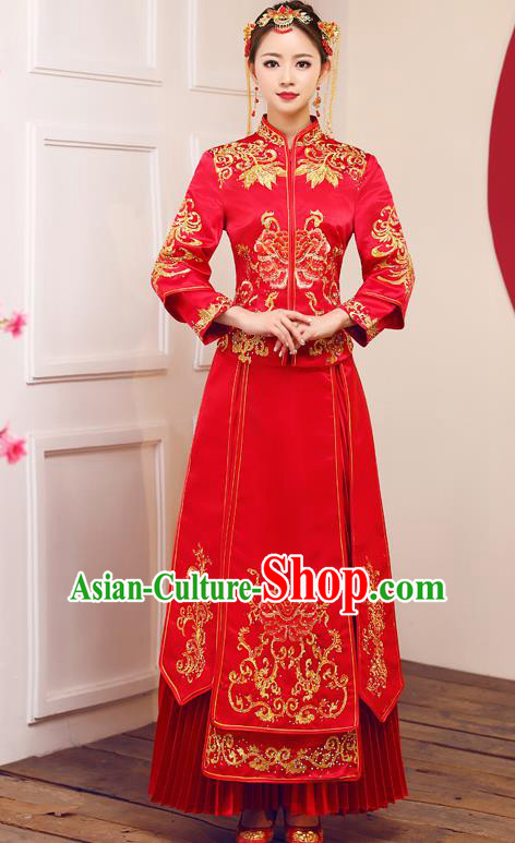 Top Grade Chinese Traditional Wedding Dress Ancient Bride Embroidered Diamante Peony XiuHe Suit for Women