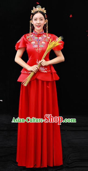 Chinese Ancient Bride Red Formal Dresses Xiuhe Suit Embroidered Wedding Costume for Women