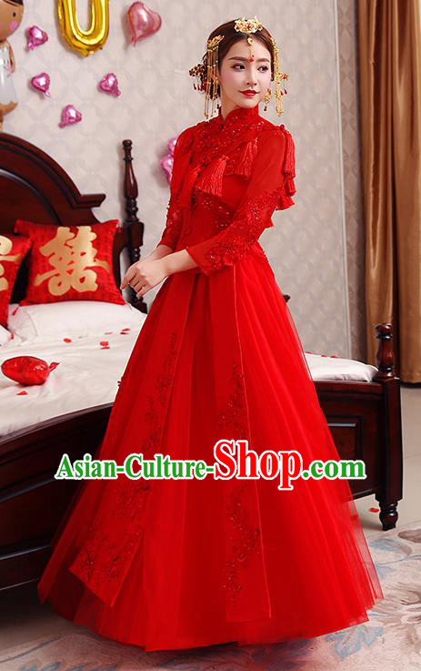 Chinese Traditional Wedding Costume Red Veil XiuHe Suit Ancient Bride Embroidered Toast Formal Dress for Women
