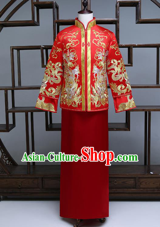 Ancient Chinese Male Wedding Toast Costumes Traditional Bridegroom Embroidered Tang Suit Red Long Robe for Men