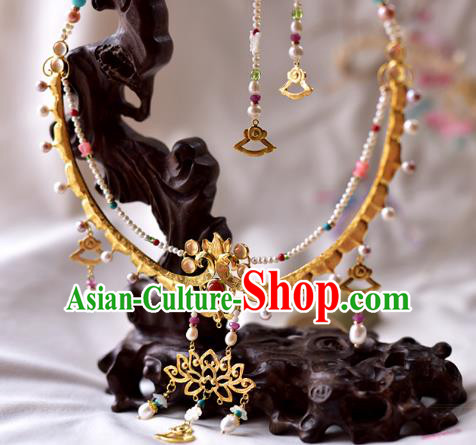 Handmade Chinese Traditional Accessories Hanfu Golden Lotus Necklace for Women