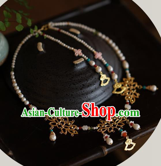 Handmade Chinese Traditional Accessories Hanfu Wedding Pearls Lotus Necklace for Women