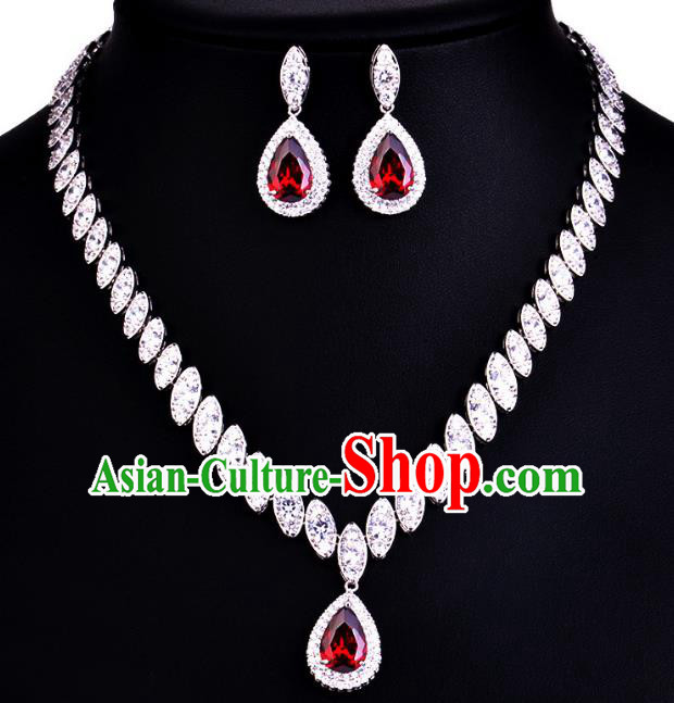 Top Grade Wedding Bride Jewelry Accessories Red Crystal Necklace and Earrings for Women