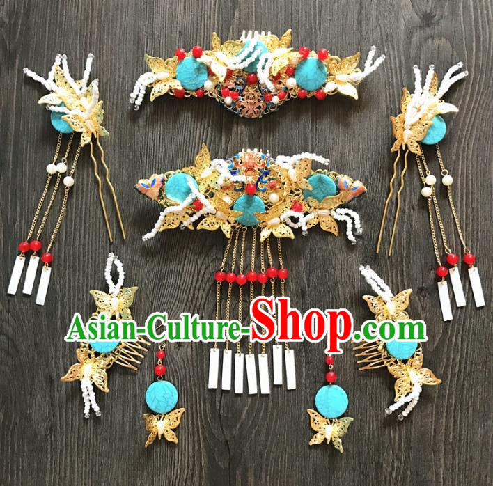 Top Grade Chinese Wedding Hair Accessories Ancient Bride Tassel Butterfly Hairpins Hair Combs Complete Set for Women