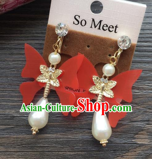 Top Grade Wedding Bride Jewelry Accessories Red Butterfly Pearl Earrings for Women