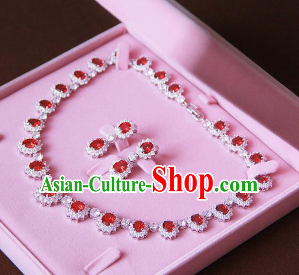 Top Grade Wedding Bride Jewelry Accessories Zircon Red Crystal Necklace and Earrings for Women