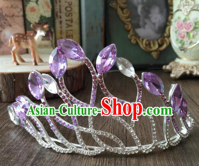 Top Grade Baroque Queen Purple Crystal Royal Crown Wedding Bride Hair Accessories for Women