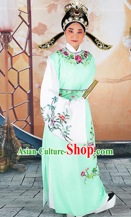 Professional Chinese Peking Opera Niche Costume Huangmei Opera Jia Baoyu Green Robe and Hat for Adults