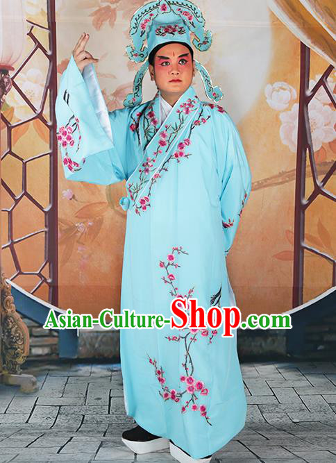 Professional Chinese Peking Opera Niche Costume Traditional Peking Opera Plum Blossom Light Blue Robe and Hat for Adults
