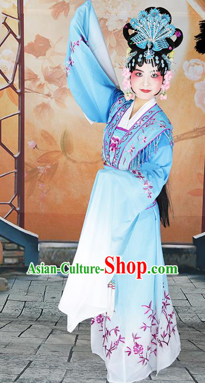 Professional Chinese Beijing Opera Diva Embroidered Costumes Peking Opera Fairy Blue Dress for Adults