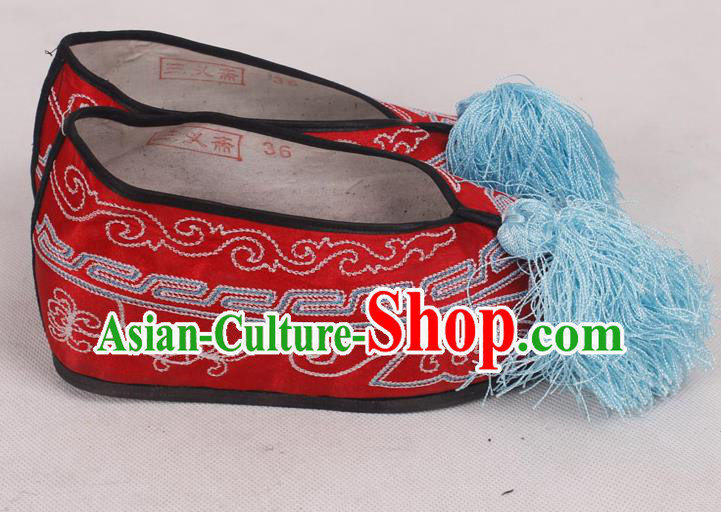 Chinese Traditional Beijing Opera Diva Embroidered Shoes Peking Opera Red Cloth Shoes for Women