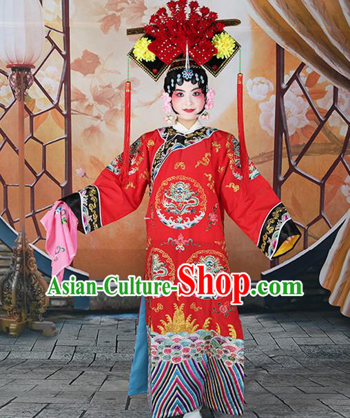 Professional Chinese Beijing Opera Qing Dynasty Empress Embroidered Red Costumes and Headwear for Adults
