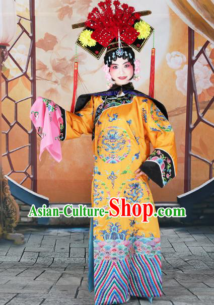 Professional Chinese Beijing Opera Qing Dynasty Empress Embroidered Yellow Costumes and Headwear for Adults