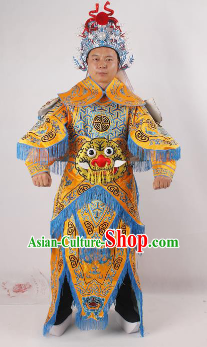 Professional Chinese Peking Opera General Yellow Embroidered Costume Beijing Opera Takefu Clothing and Hat for Adults