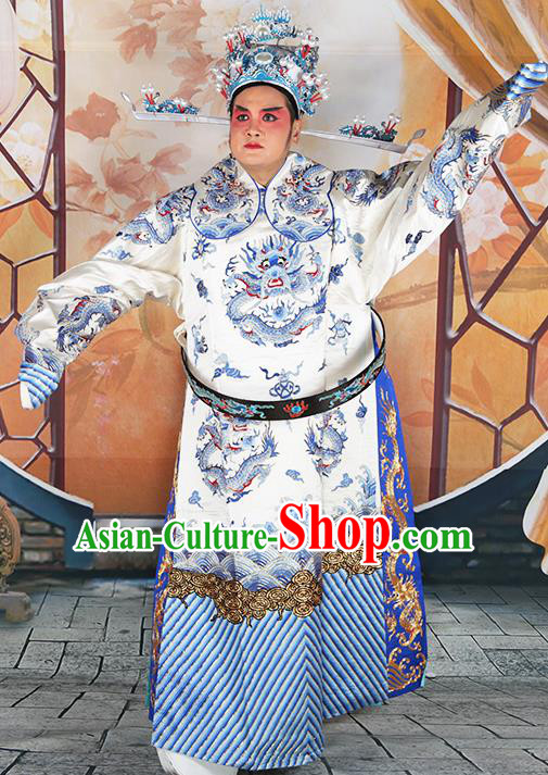 Professional Chinese Peking Opera White Embroidered Robe Prime Minister Costumes and Hat for Adults