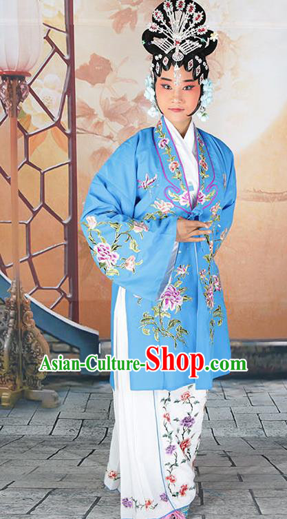 Professional Chinese Beijing Opera Actress Embroidered Peony Blue Costumes for Adults
