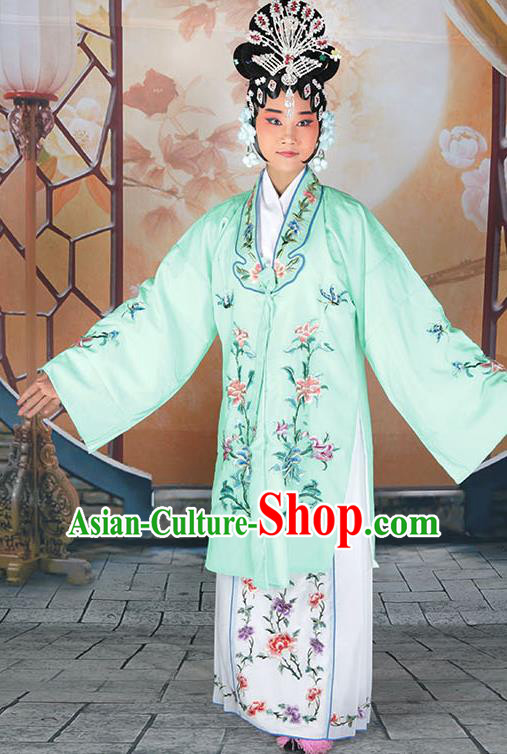 Professional Chinese Beijing Opera Actress Embroidered Peony Light Green Costumes for Adults