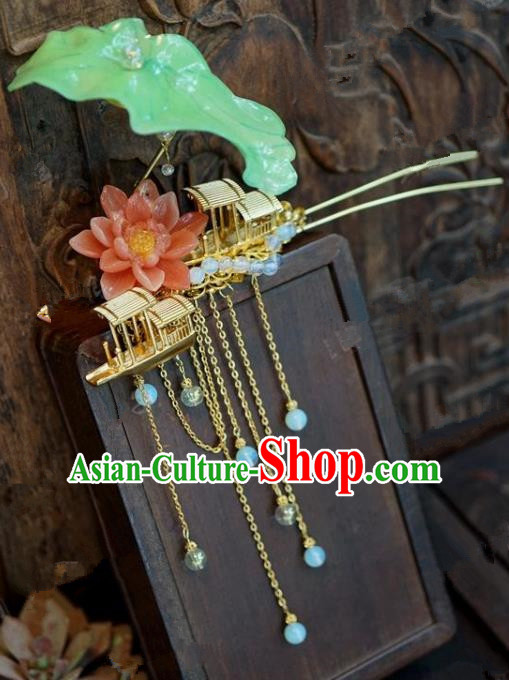 Chinese Handmade Ancient Hair Accessories Ancient Hanfu Boat Lotus Tassel Hairpins for Women