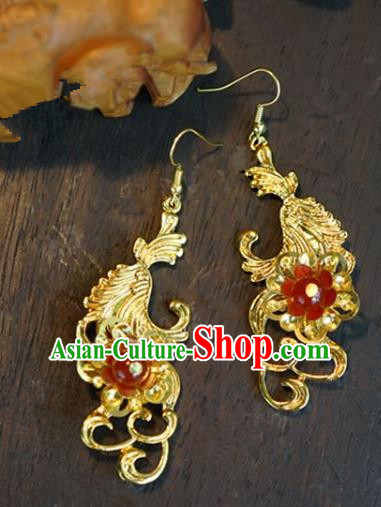Chinese Handmade Ancient Bride Golden Earrings Jewelry Accessories for Women