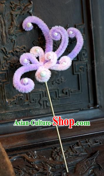 Chinese Handmade Hair Accessories Qing Dynasty Princess Purple Velvet Flowers Hairpins for Women