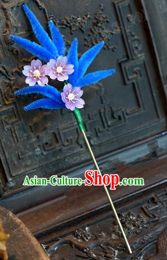 Chinese Handmade Hair Accessories Qing Dynasty Princess Blue Velvet Leaf Hairpins for Women
