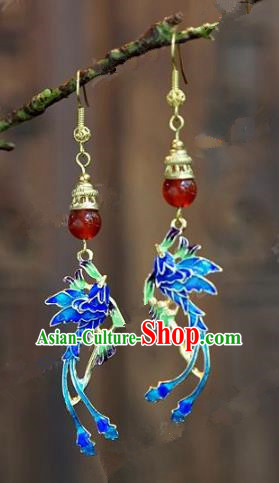 Chinese Handmade Jewelry Accessories Ancient Palace Lady Hanfu Blueing Phoenix Earrings for Women