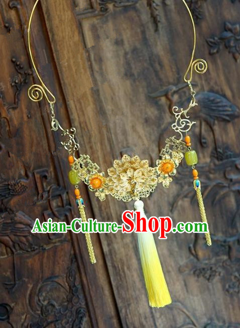 Chinese Handmade Jewelry Accessories Ancient Palace Lady Hanfu Tassel Golden Peony Necklace for Women