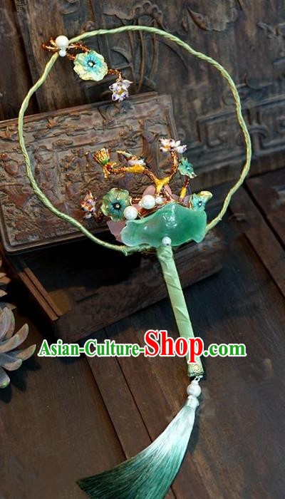 Top Grade Chinese Handmade Palace Fans Ancient Hanfu Lotus Leaf Round Fans for Women