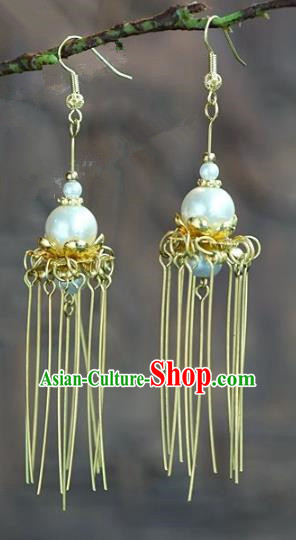 Chinese Handmade Jewelry Accessories Ancient Bride Hanfu Tassel Pearl Earrings for Women