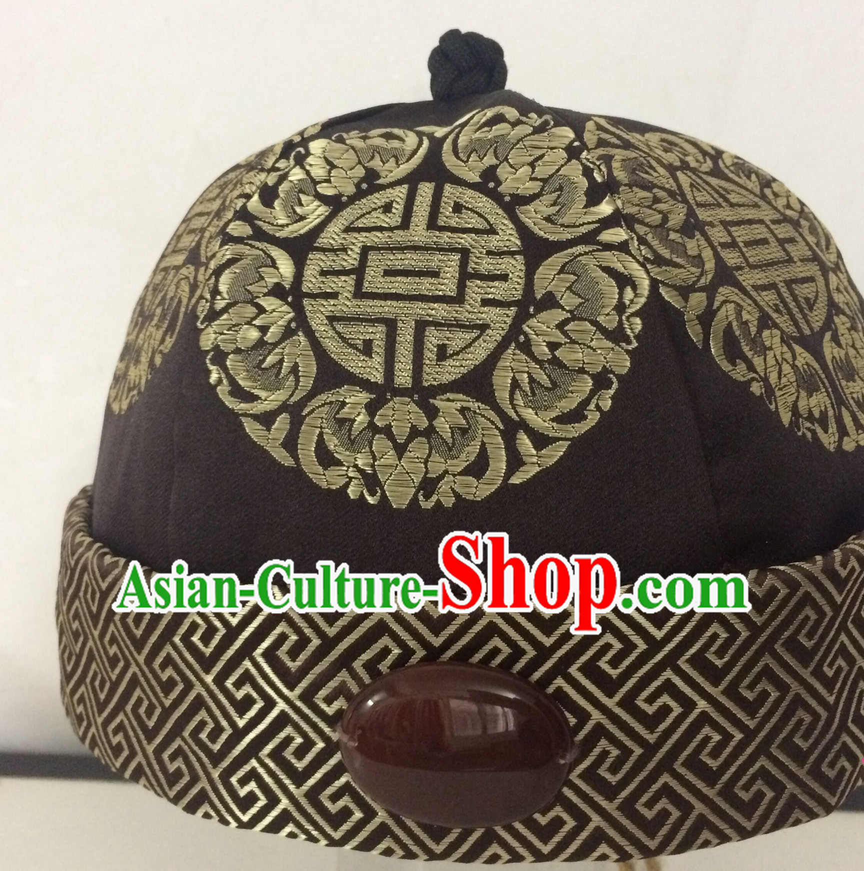 Chinese Traditional Handmade Silk Brocade Qing Dynasty Princess Jade Hat for Men