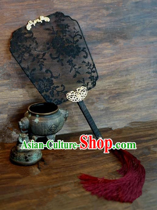 Top Grade Chinese Handmade Palace Fans Ancient Black Lace Round Fans for Women