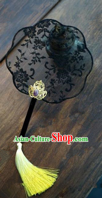 Top Grade Chinese Handmade Black Lace Palace Fans Ancient Wedding Round Fans for Women