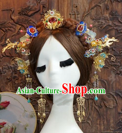 Chinese Handmade Wedding Blueing Hair Clip Hair Accessories Ancient Tassel Hairpins Complete Set for Women