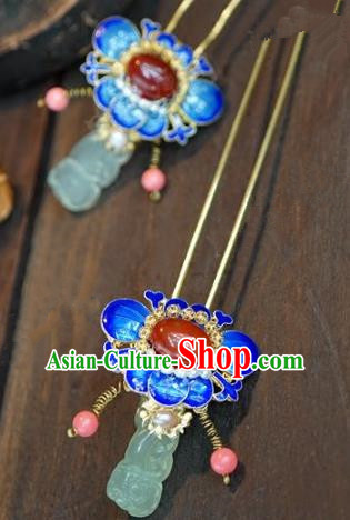 Chinese Handmade Ancient Hair Accessories Ancient Hanfu Blueing Lotus Hair Clip Agate Hairpins for Women