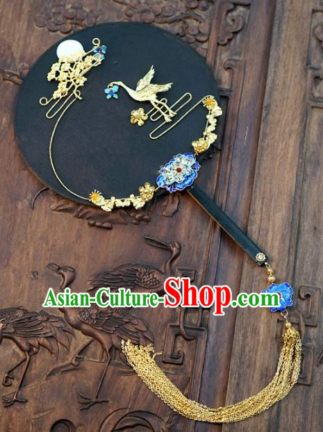 Top Grade Chinese Handmade Palace Fans Ancient Wedding Carving Crane Moon Round Fans for Women