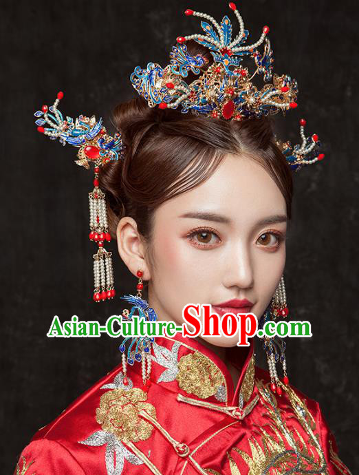 Chinese Ancient Handmade Cloisonne Phoenix Coronet Palace Lady Hairpins Hair Accessories for Women