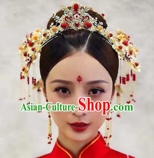 Chinese Ancient Handmade Phoenix Coronet Bride Tassel Hairpins Hair Accessories Complete Set for Women