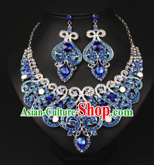 Top Grade Handmade Jewelry Accessories Bride Blue Crystal Necklace and Earrings for Women