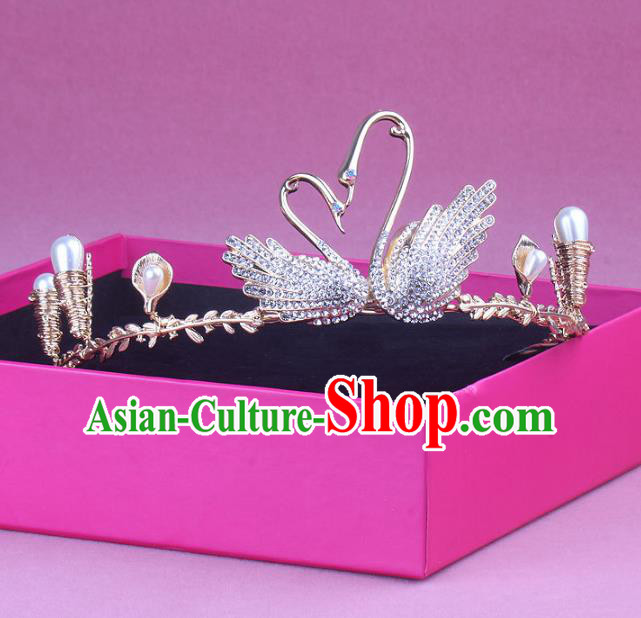 Handmade Baroque Bride Zircon Swan Royal Crown Wedding Queen Hair Jewelry Accessories for Women