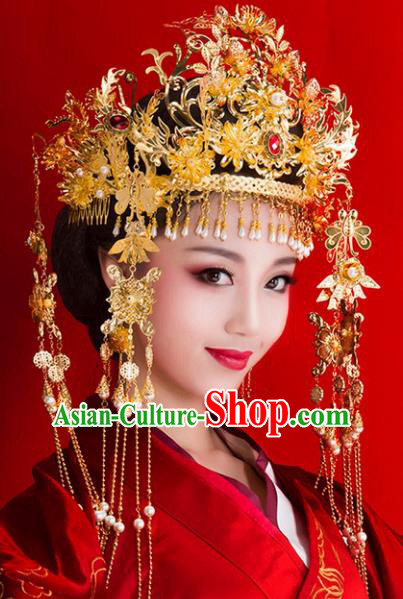 Chinese Ancient Handmade Hairpins Bride Golden Tassel Phoenix Coronet Hair Accessories Complete Set for Women