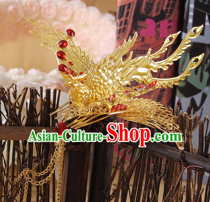Chinese Ancient Handmade Golden Phoenix Hair Comb Hairpins Bride Hair Accessories Headwear for Women