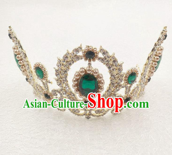 Handmade Baroque Queen Green Crystal Royal Crown Wedding Bride Hair Jewelry Accessories for Women