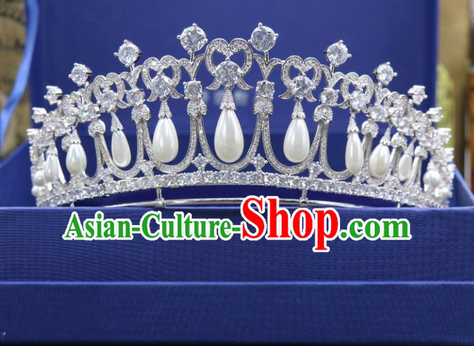 Handmade Wedding Baroque Queen Zircon Pearls Royal Crown Bride Hair Jewelry Accessories for Women