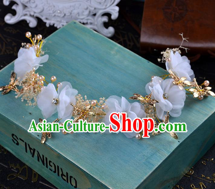Handmade Baroque Bride White Flowers Dragonfly Hair Clasp Wedding Hair Jewelry Accessories for Women