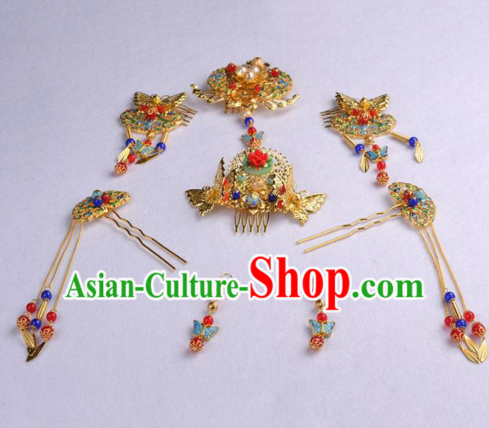 Chinese Ancient Handmade Blueing Tassel Hairpins Bride Hair Accessories Hair Clip Headwear for Women