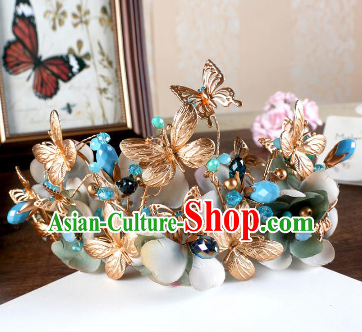 Top Grade Handmade Baroque Golden Butterfly Royal Crown Wedding Bride Hair Jewelry Accessories for Women