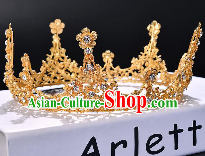 Handmade Wedding Baroque Queen Golden Crystal Royal Crown Bride Hair Jewelry Accessories for Women