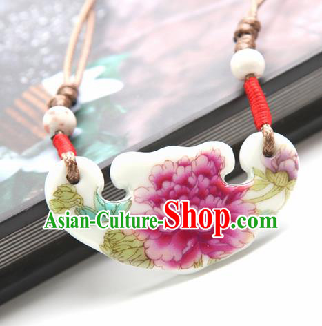 Top Grade Chinese Handmade Printing Peony Jingdezhen Ceramics Necklace for Women