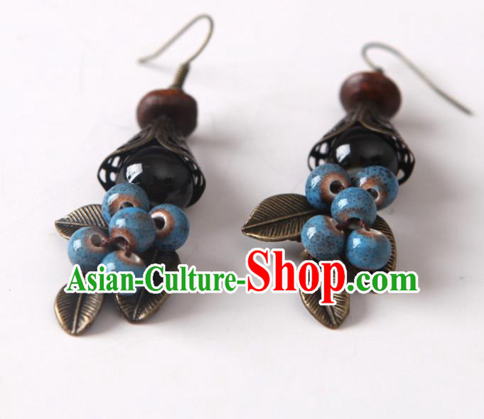 Top Grade Chinese Handmade Blue Ceramics Beads Earrings for Women