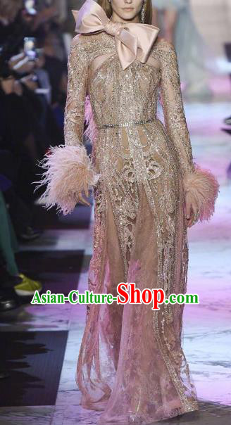 Top Grade Catwalks Costume Stage Performance Model Show Pink Feather Dress for Women